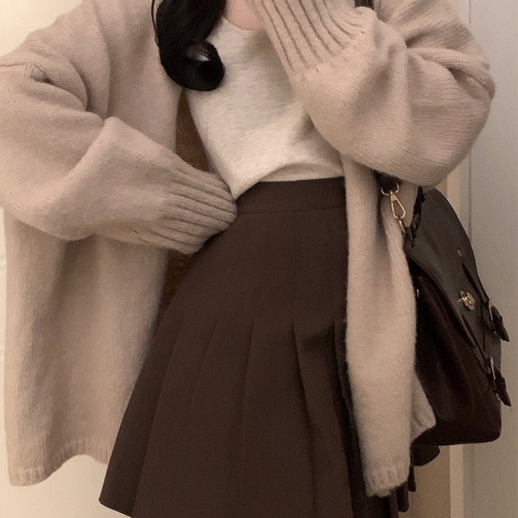 2024 Autumn Winter Outfits 2 Piece Set Retro Single-breasted Thick Oversize Warm Cozy Cardigan + High Waist Mini Pleated Skirt Brown-Skirts