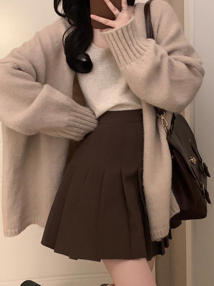 2024 Autumn Winter Outfits 2 Piece Set Retro Single-breasted Thick Oversize Warm Cozy Cardigan + High Waist Mini Pleated Skirt Brown-Skirts