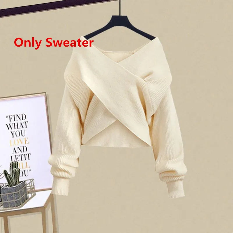 2024 Autumn Winter Skirt Sets For Women Outfits Korean Casual Knitwears Pullover Sweater And High Waist Skirts Two Piece Sets Sweater 1