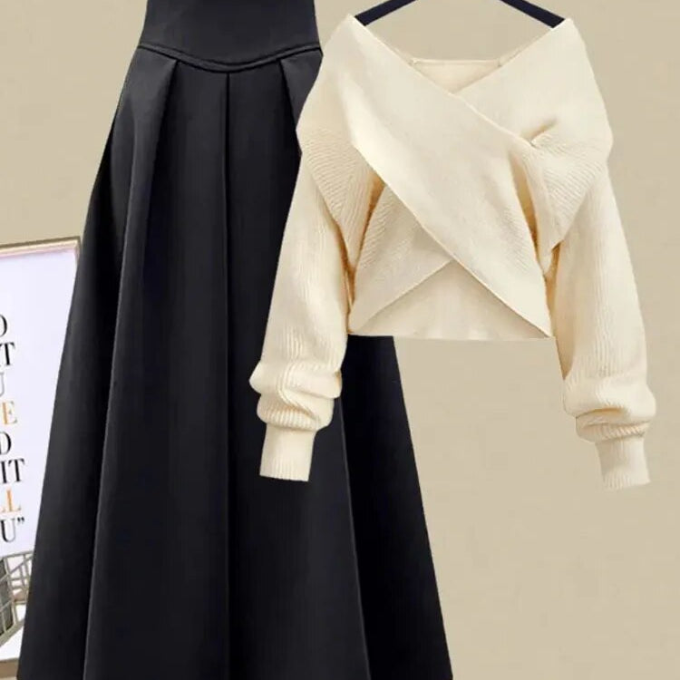 2024 Autumn Winter Skirt Sets For Women Outfits Korean Casual Knitwears Pullover Sweater And High Waist Skirts Two Piece Sets