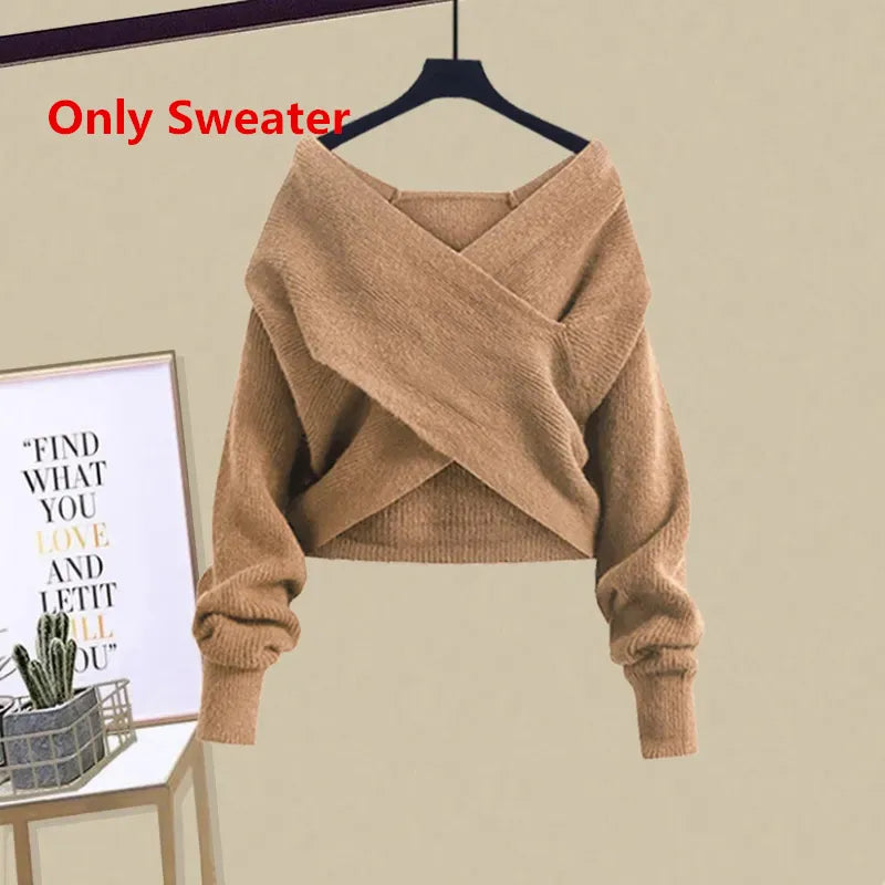 2024 Autumn Winter Skirt Sets For Women Outfits Korean Casual Knitwears Pullover Sweater And High Waist Skirts Two Piece Sets Sweater 4