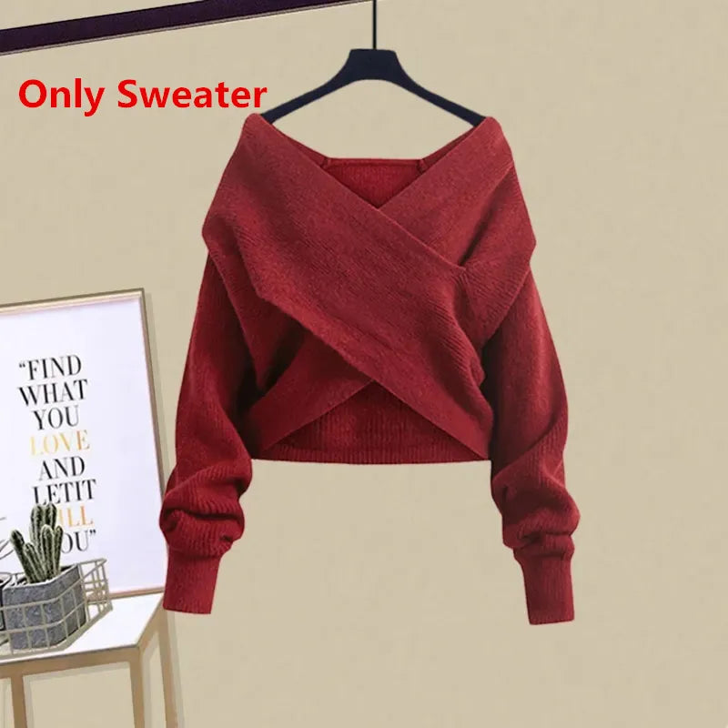 2024 Autumn Winter Skirt Sets For Women Outfits Korean Casual Knitwears Pullover Sweater And High Waist Skirts Two Piece Sets Sweater 3