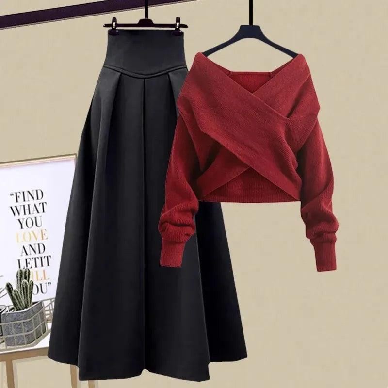 2024 Autumn Winter Skirt Sets For Women Outfits Korean Casual Knitwears Pullover Sweater And High Waist Skirts Two Piece Sets Set 4