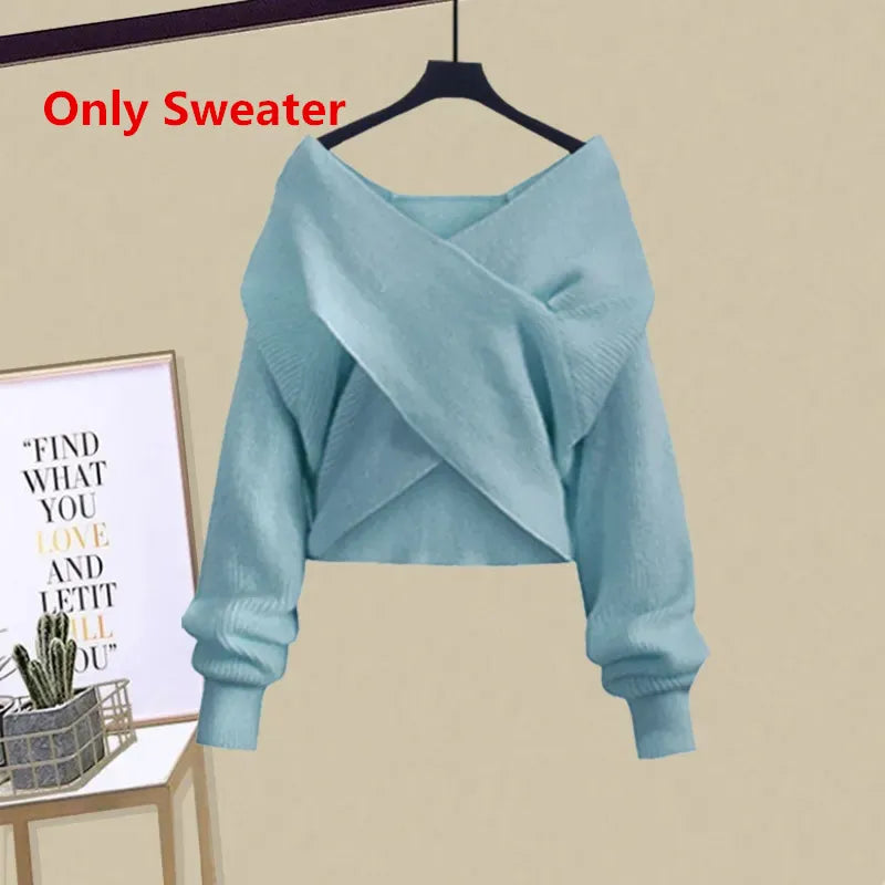 2024 Autumn Winter Skirt Sets For Women Outfits Korean Casual Knitwears Pullover Sweater And High Waist Skirts Two Piece Sets Sweater