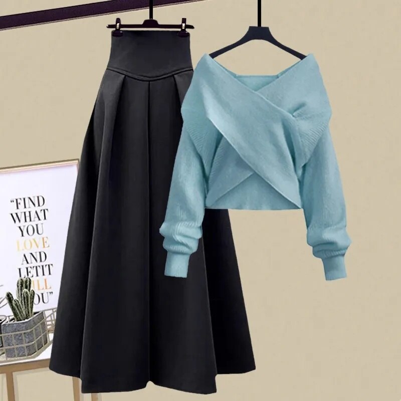 2024 Autumn Winter Skirt Sets For Women Outfits Korean Casual Knitwears Pullover Sweater And High Waist Skirts Two Piece Sets Set 1