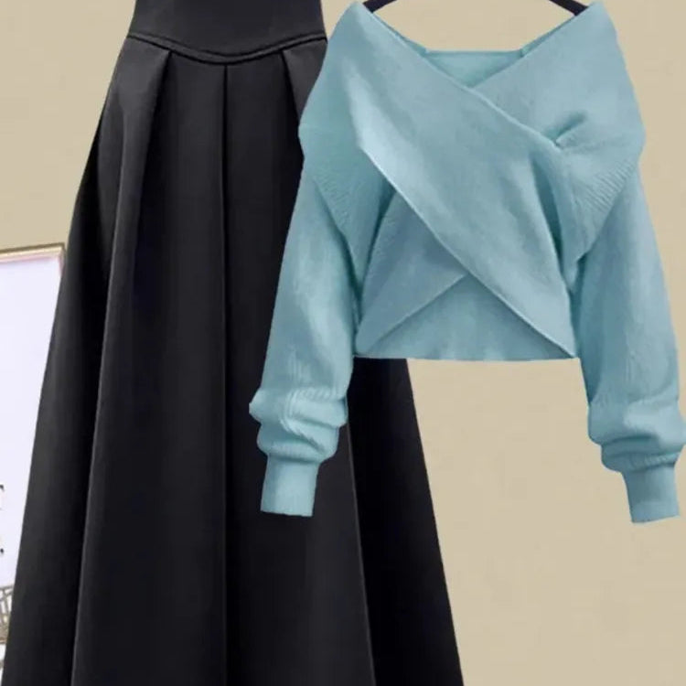2024 Autumn Winter Skirt Sets For Women Outfits Korean Casual Knitwears Pullover Sweater And High Waist Skirts Two Piece Sets