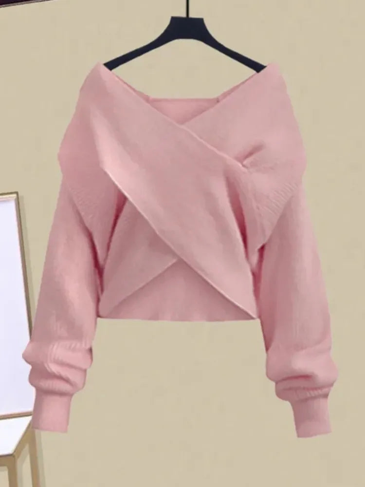 2024 Autumn Winter Skirt Sets For Women Outfits Korean Casual Knitwears Pullover Sweater And High Waist Skirts Two Piece Sets