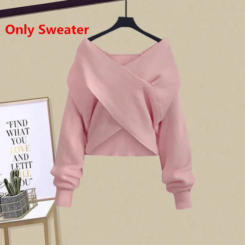 2024 Autumn Winter Skirt Sets For Women Outfits Korean Casual Knitwears Pullover Sweater And High Waist Skirts Two Piece Sets Sweater 2