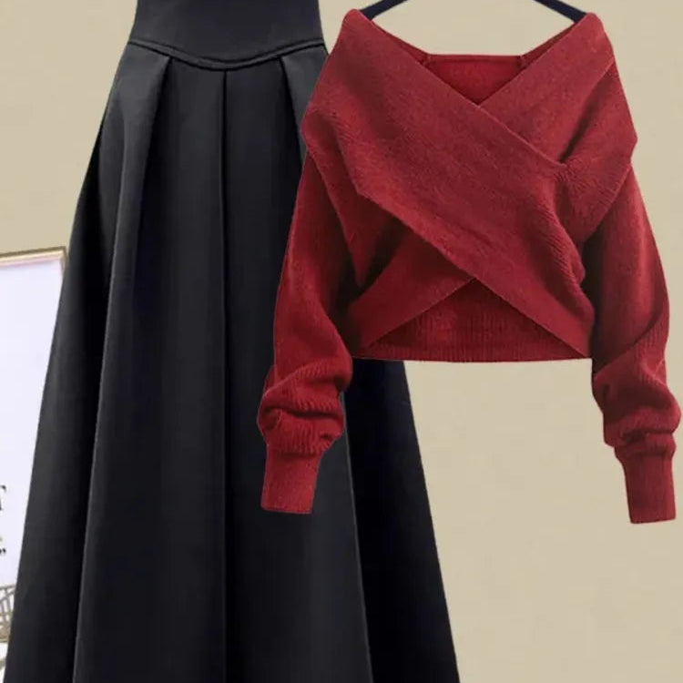 2024 Autumn Winter Skirt Sets For Women Outfits Korean Casual Knitwears Pullover Sweater And High Waist Skirts Two Piece Sets