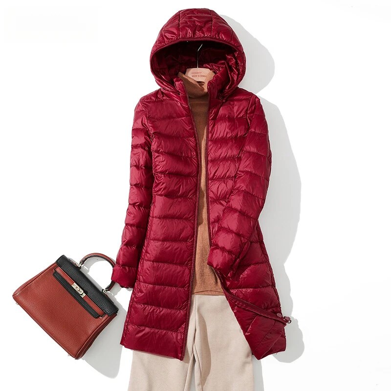 2024 Autumn Winter Women Long Down Coats Hooded Parkas Windproof Warm Puffer Jacket Ultralight White Duck Long Down Jackets Lady Burgundy