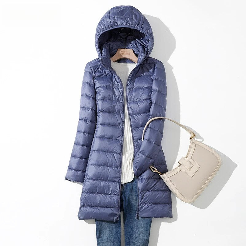 2024 Autumn Winter Women Long Down Coats Hooded Parkas Windproof Warm Puffer Jacket Ultralight White Duck Long Down Jackets Lady Haze Blue