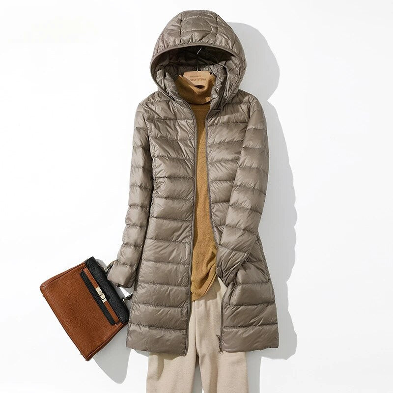 2024 Autumn Winter Women Long Down Coats Hooded Parkas Windproof Warm Puffer Jacket Ultralight White Duck Long Down Jackets Lady Khaki