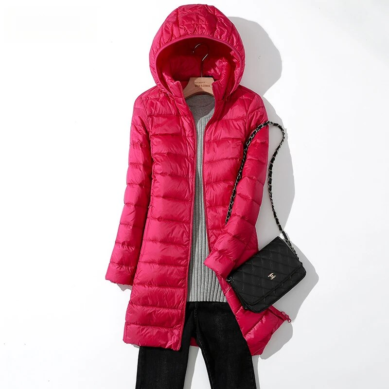2024 Autumn Winter Women Long Down Coats Hooded Parkas Windproof Warm Puffer Jacket Ultralight White Duck Long Down Jackets Lady RoseRed
