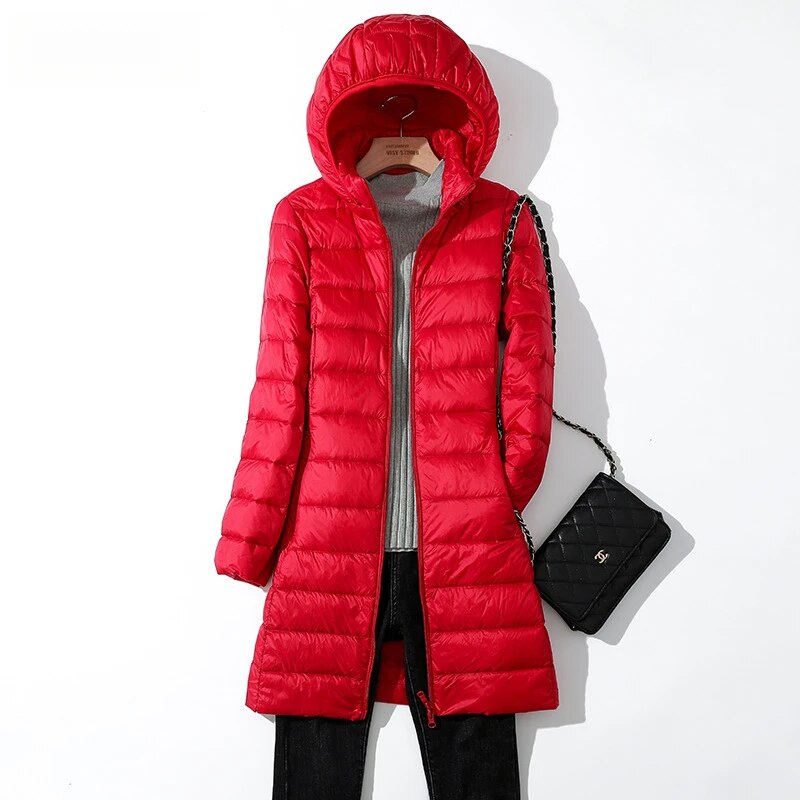 2024 Autumn Winter Women Long Down Coats Hooded Parkas Windproof Warm Puffer Jacket Ultralight White Duck Long Down Jackets Lady Red