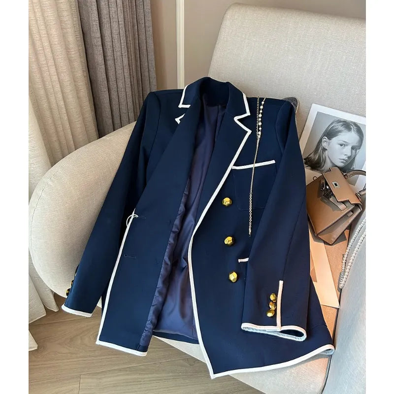 2024 Autumn Winter Women Office Lady Style Patchwork Long Sleeve Loose Blazers Vintage Casual Notched Collar Luxury Suits Navy Blue