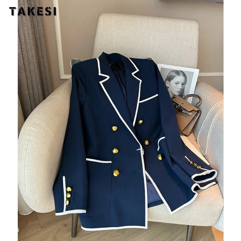 2024 Autumn Winter Women Office Lady Style Patchwork Long Sleeve Loose Blazers Vintage Casual Notched Collar Luxury Suits