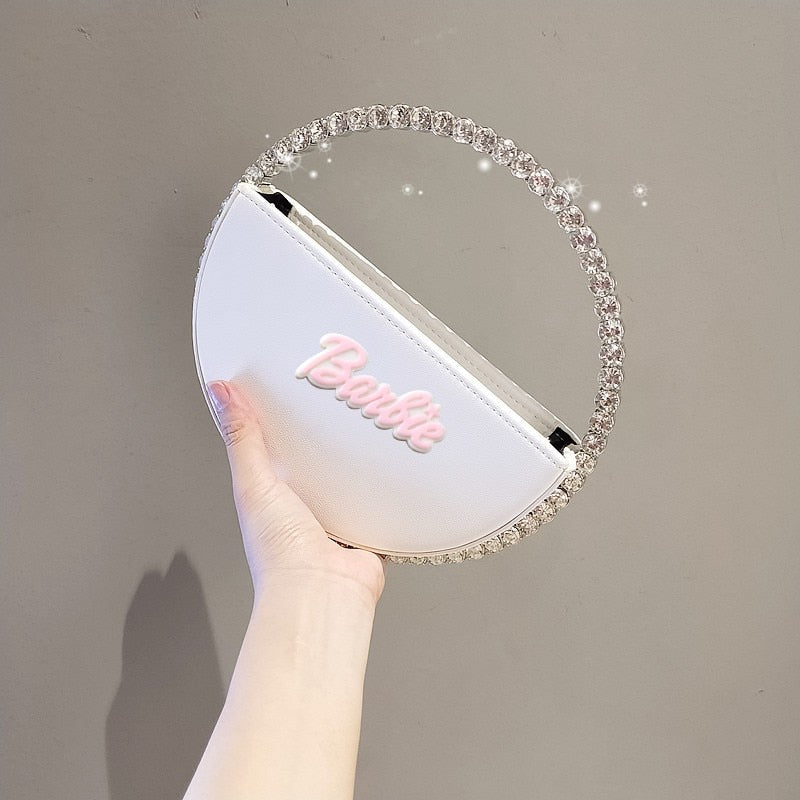 2024 Barbie Letter Clutch Bag Fashion Women Diamond Handbag Wallet Y2K Girls Pu Rhinestone Round Tote Bags Shopping Pouch Gifts white 10