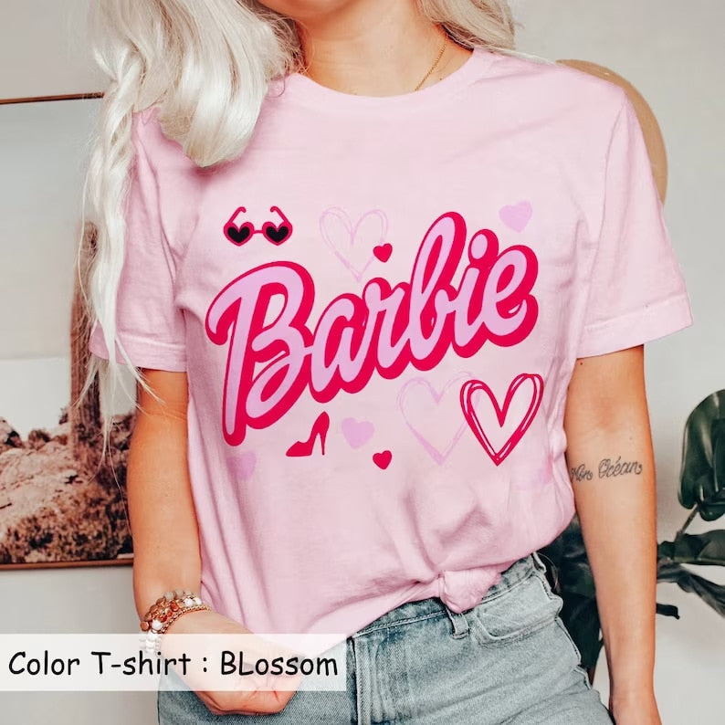 2024 Barbie Short-Sleeved Fashion Ladies T-Shirt Y2K Girls Summer Printing Soft Loose Round Neck Tops Undershirt Yoga Clothes AMAIO
