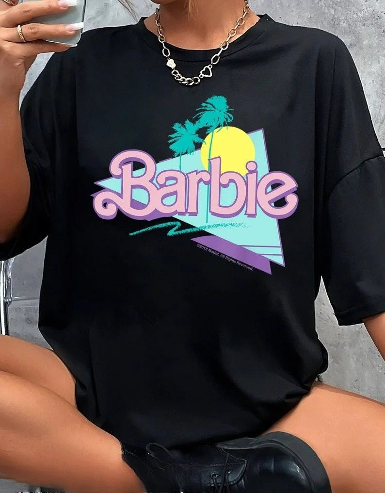 Barbie Short-Sleeved Fashion Ladies T-Shirt Y2K Girls Summer Printing Soft  Loose Round Neck Tops