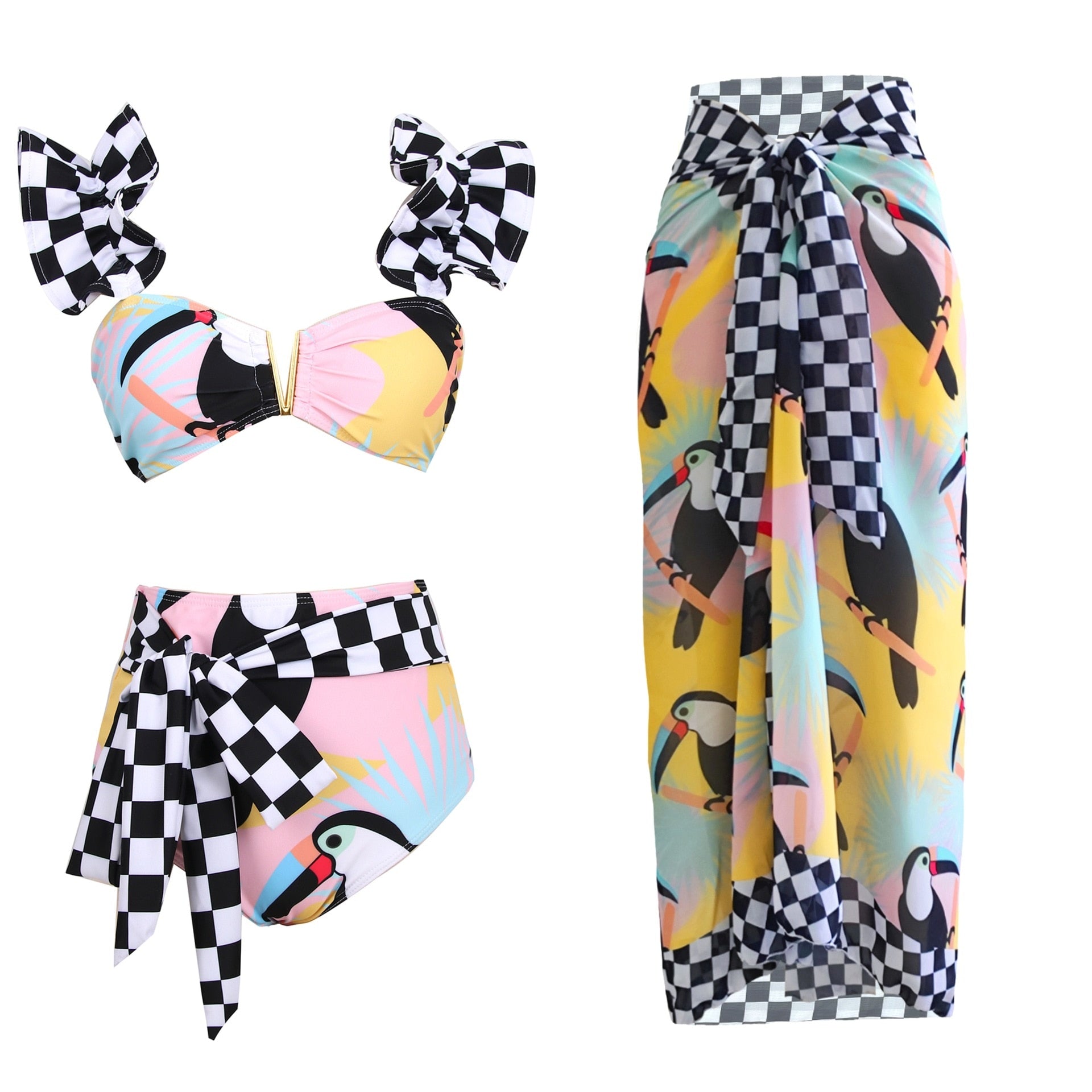 2024 Bikini Floral Ruffled Bikini Set Women 3D Flower High Waist Two Piece Swimsuit Beach Skirt Bathing Suit Swimwear Biquinis