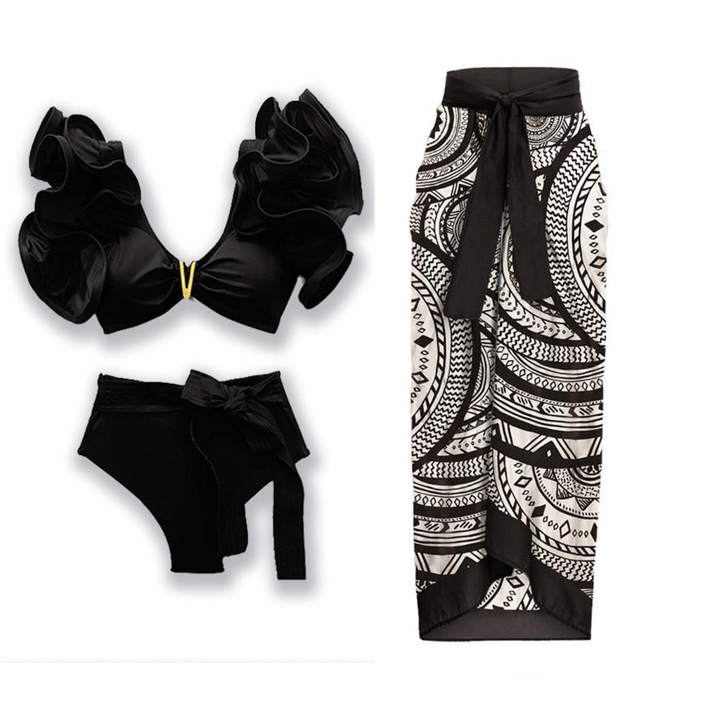 2024 Bikini Floral Ruffled Bikini Set Women 3D Flower High Waist Two Piece Swimsuit Beach Skirt Bathing Suit Swimwear Biquinis