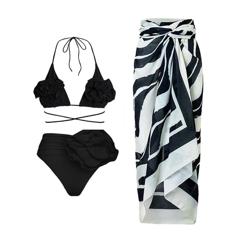 2024 Bikini Floral Ruffled Bikini Set Women 3D Flower High Waist Two Piece Swimsuit Beach Skirt Bathing Suit Swimwear Biquinis