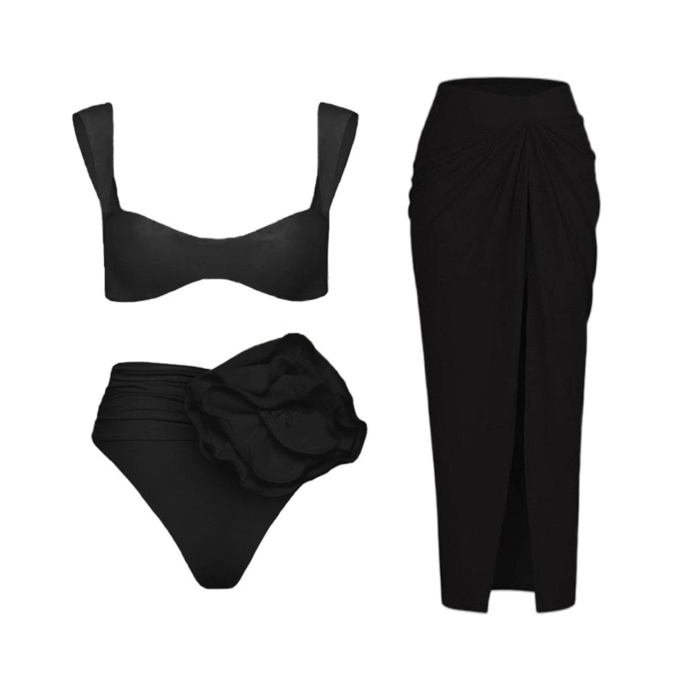 2024 Bikini Floral Ruffled Bikini Set Women 3D Flower High Waist Two Piece Swimsuit Beach Skirt Bathing Suit Swimwear Biquinis