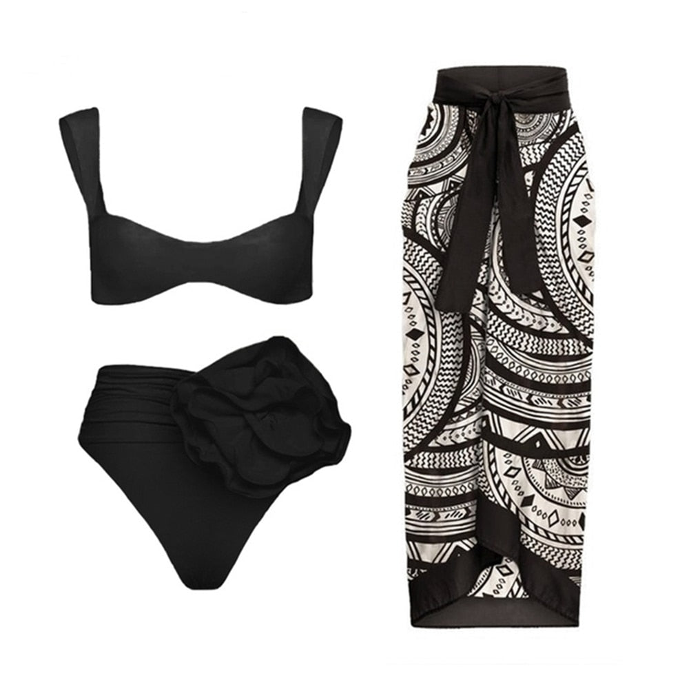 2024 Bikini Floral Ruffled Bikini Set Women 3D Flower High Waist Two Piece Swimsuit Beach Skirt Bathing Suit Swimwear Biquinis