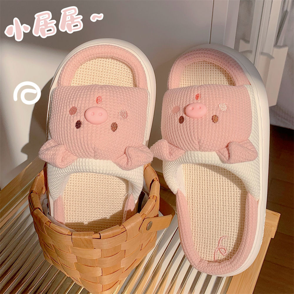 2024 Cartoon Cute Anime Women Slippers Linen Pig Slippers Four Seasons Indoor Home Sandals for Women Fun Shoes New