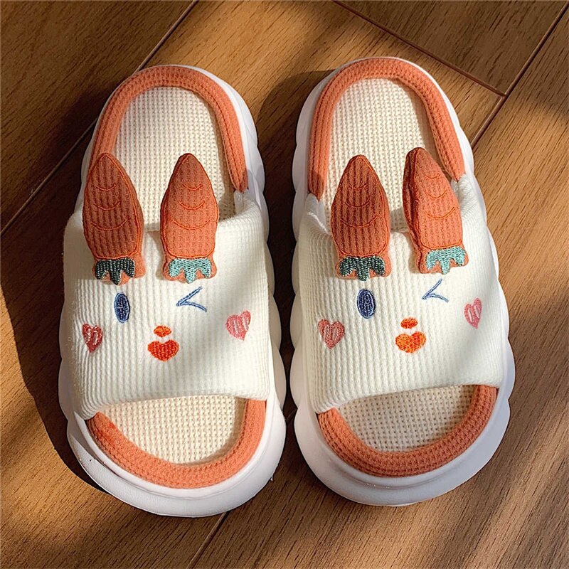 2024 Cartoon Cute Anime Women Slippers Linen Pig Slippers Four Seasons Indoor Home Sandals for Women Fun Shoes New Orange 1