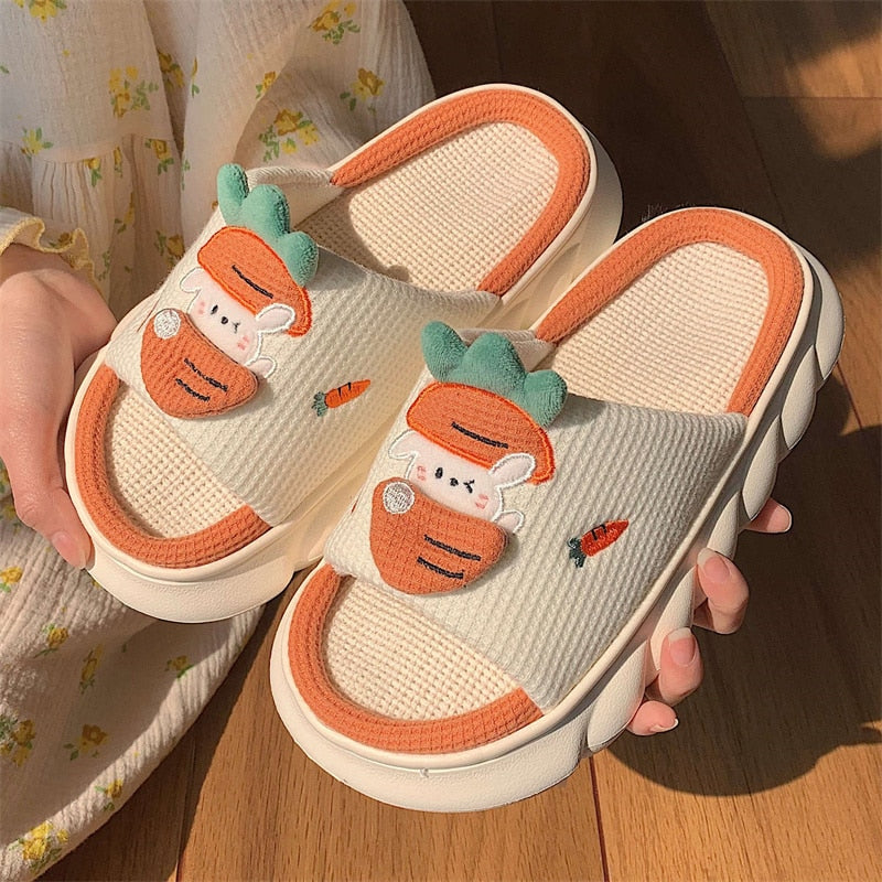 2024 Cartoon Cute Anime Women Slippers Linen Pig Slippers Four Seasons Indoor Home Sandals for Women Fun Shoes New Orange