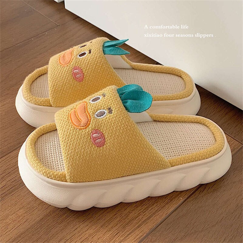2024 Cartoon Cute Anime Women Slippers Linen Pig Slippers Four Seasons Indoor Home Sandals for Women Fun Shoes New Yellow