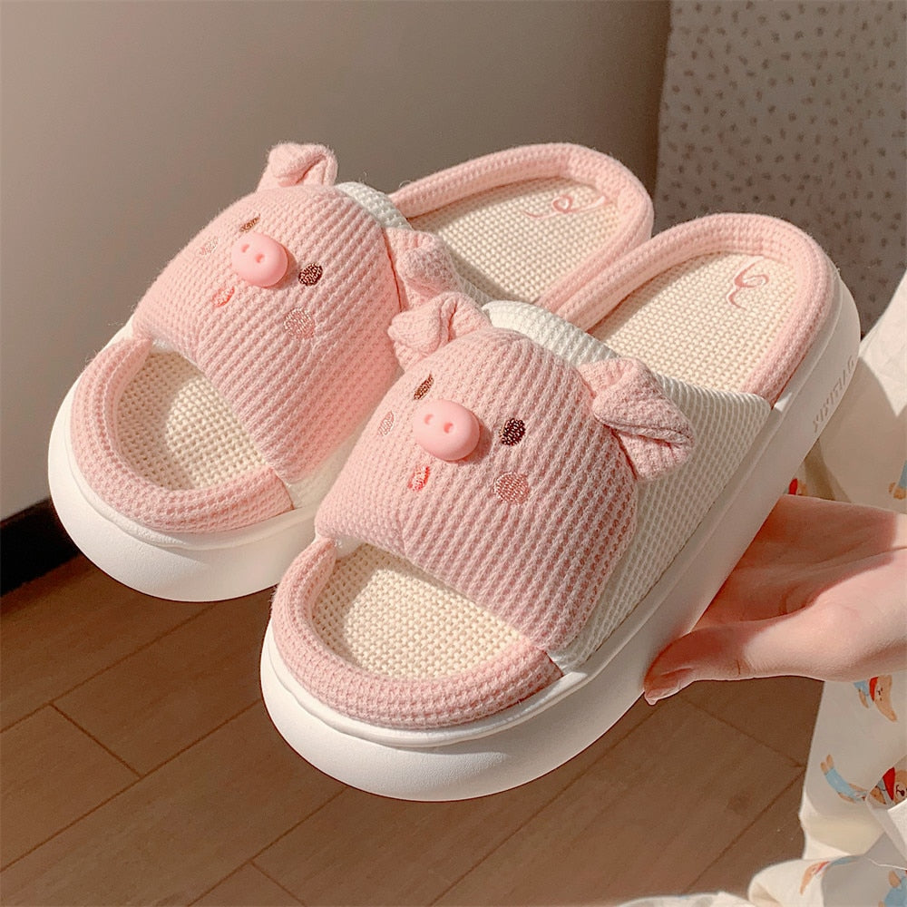 2024 Cartoon Cute Anime Women Slippers Linen Pig Slippers Four Seasons Indoor Home Sandals for Women Fun Shoes New