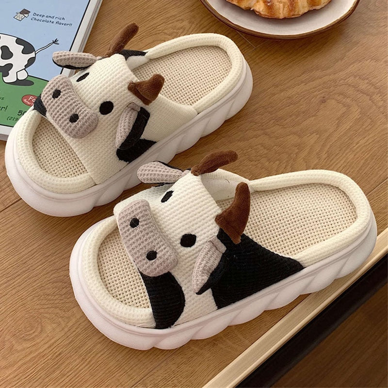 2024 Cartoon Cute Anime Women Slippers Linen Pig Slippers Four Seasons Indoor Home Sandals for Women Fun Shoes New White