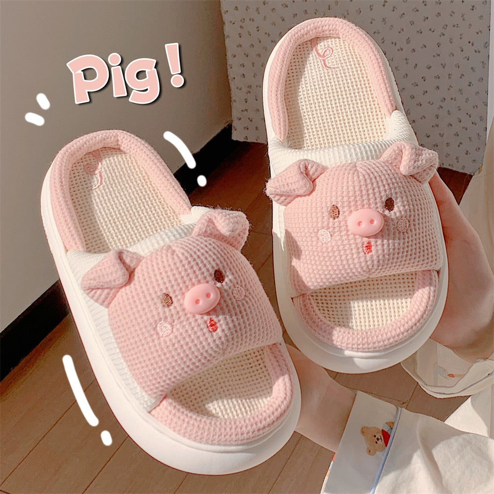 2024 Cartoon Cute Anime Women Slippers Linen Pig Slippers Four Seasons Indoor Home Sandals for Women Fun Shoes New Pink 1