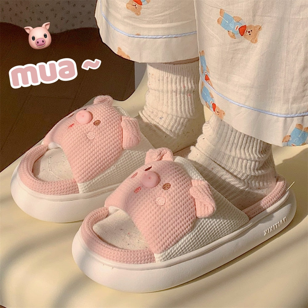 2024 Cartoon Cute Anime Women Slippers Linen Pig Slippers Four Seasons Indoor Home Sandals for Women Fun Shoes New
