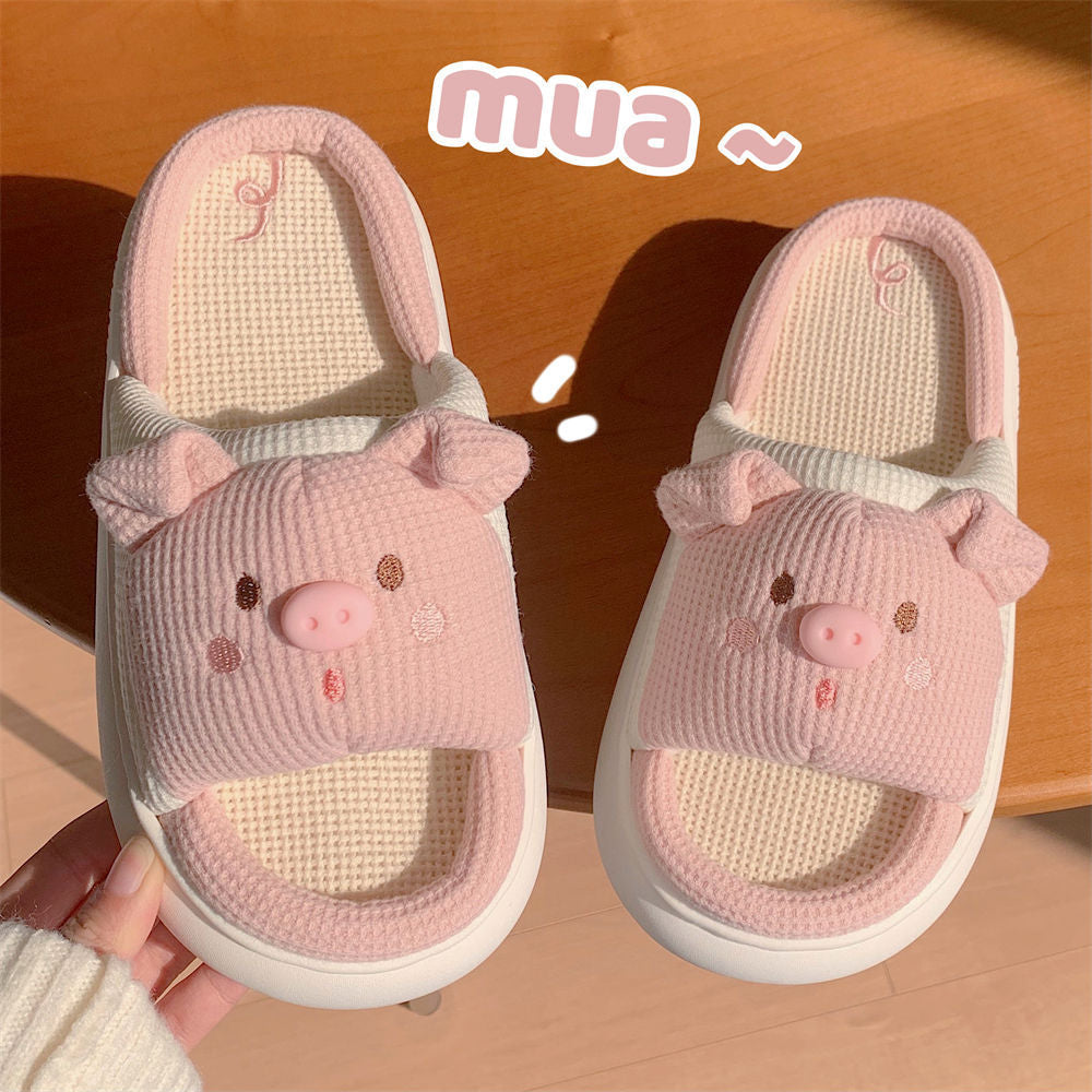 2024 Cartoon Cute Anime Women Slippers Linen Pig Slippers Four Seasons Indoor Home Sandals for Women Fun Shoes New