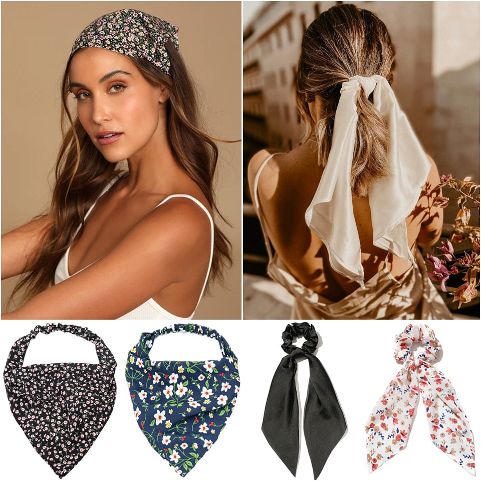 2024 Chiffon Printing Flower Bandana Hair Scarf Headband for Women Vintage Long Ribbon Scrunchie Beach Bandanas Hair Accessories