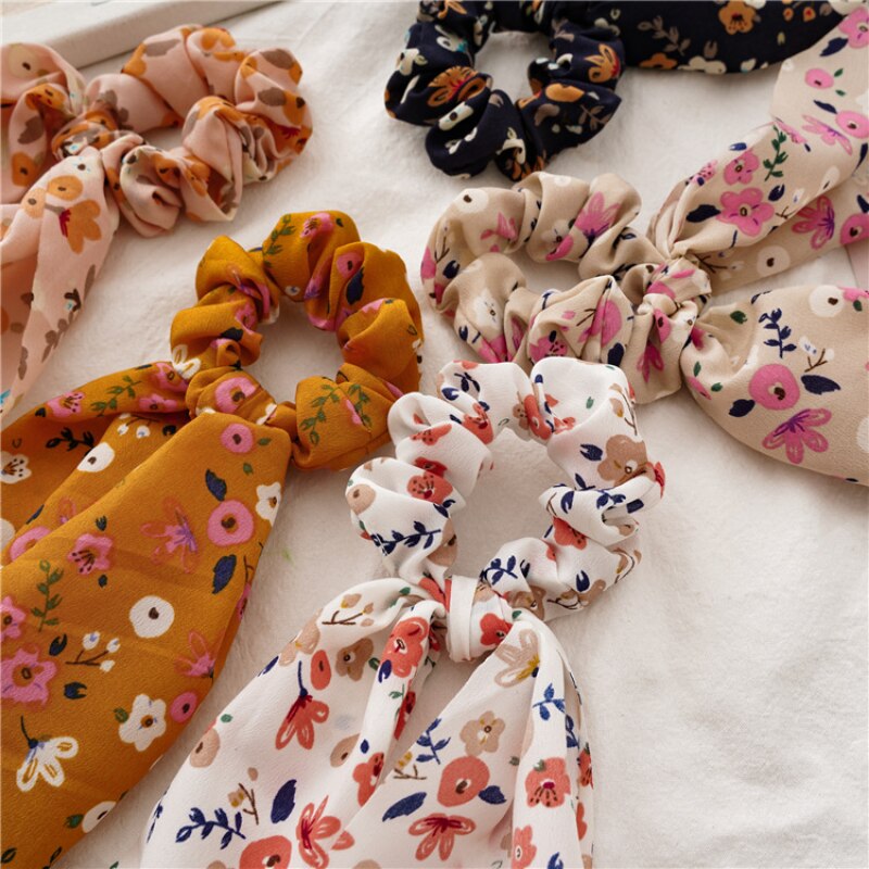 2024 Chiffon Printing Flower Bandana Hair Scarf Headband for Women Vintage Long Ribbon Scrunchie Beach Bandanas Hair Accessories