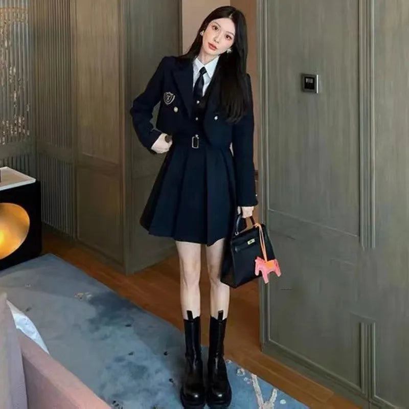 2024 College Style 2 Piece Jacket Skirt Suit Women Spring Autumn Skirt WITH Belt+Streetwear Harajuku BF Casual Coat