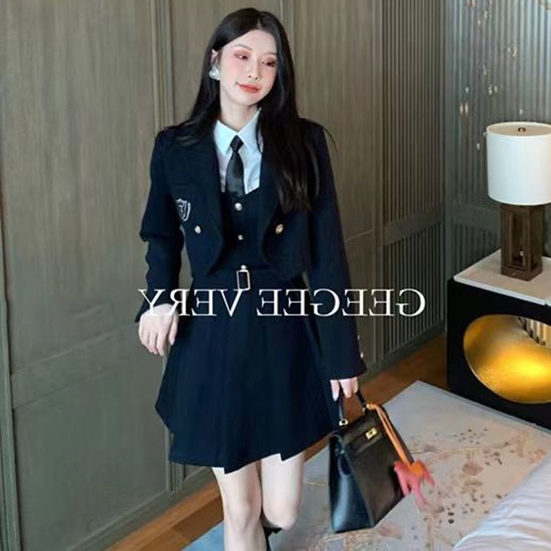 2024 College Style 2 Piece Jacket Skirt Suit Women Spring Autumn Skirt WITH Belt+Streetwear Harajuku BF Casual Coat