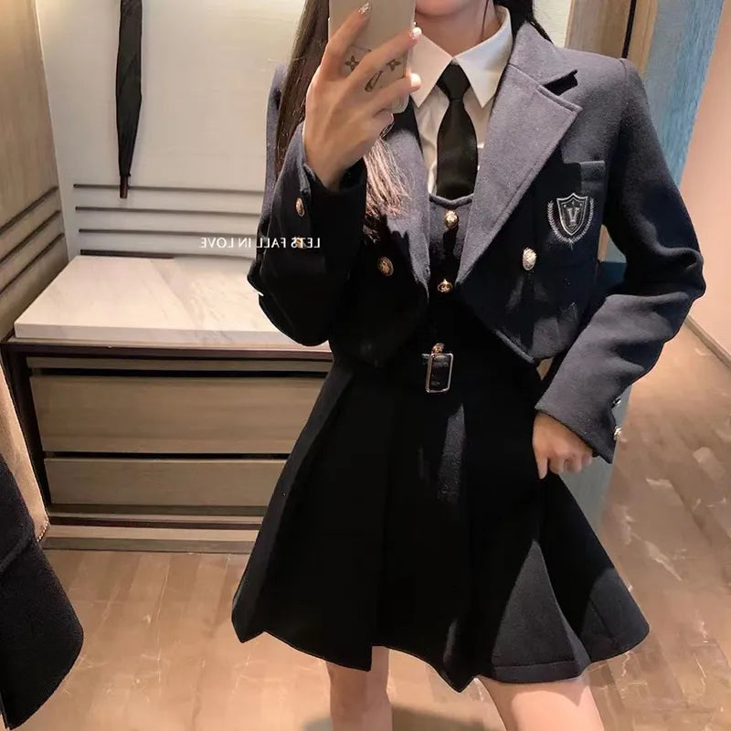 2024 College Style 2 Piece Jacket Skirt Suit Women Spring Autumn Skirt WITH Belt+Streetwear Harajuku BF Casual Coat