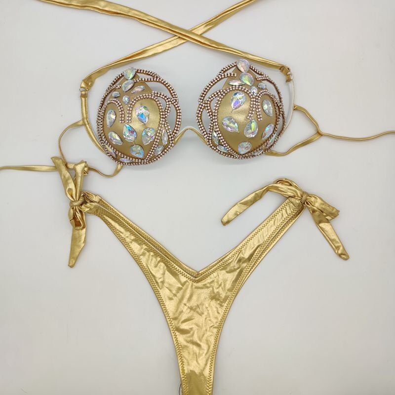 2024 Diamond Hollow Out Bikini Set Rhinestone Sexy Women Swimwear Push Up New Bathing Suit Beachwear Beach Hot Swimsuits Gold