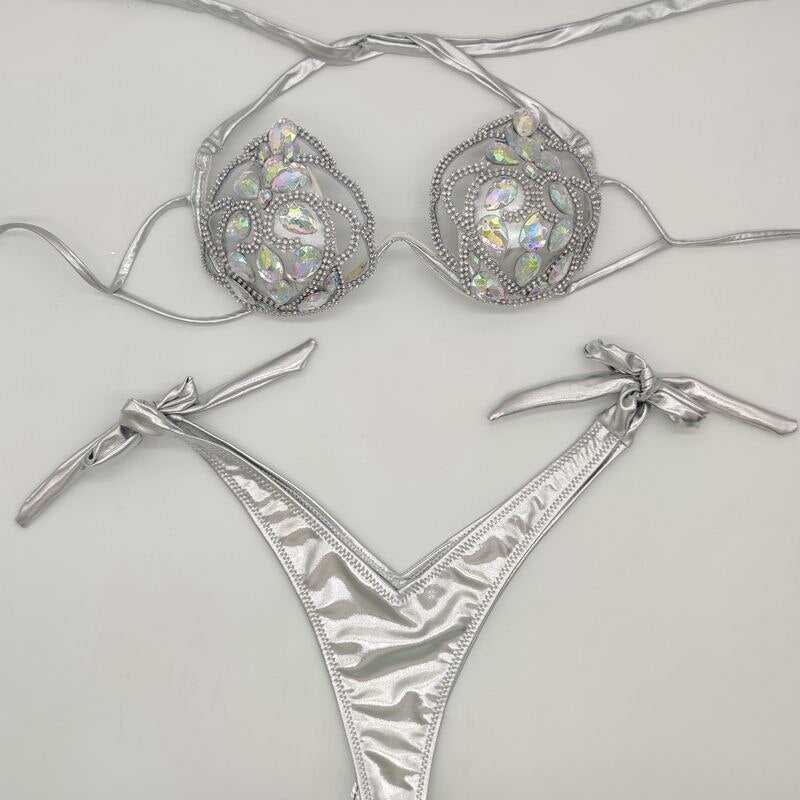 2024 Diamond Hollow Out Bikini Set Rhinestone Sexy Women Swimwear Push Up New Bathing Suit Beachwear Beach Hot Swimsuits White