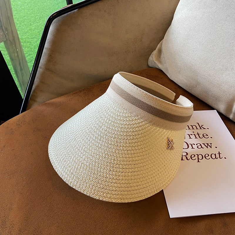 2024 Empty Top Straw Hat Travel Sunshade Sun Hat Cap Trendy Superlite Beach Cap summer Wear Visor Cap For Womens White 57 cm