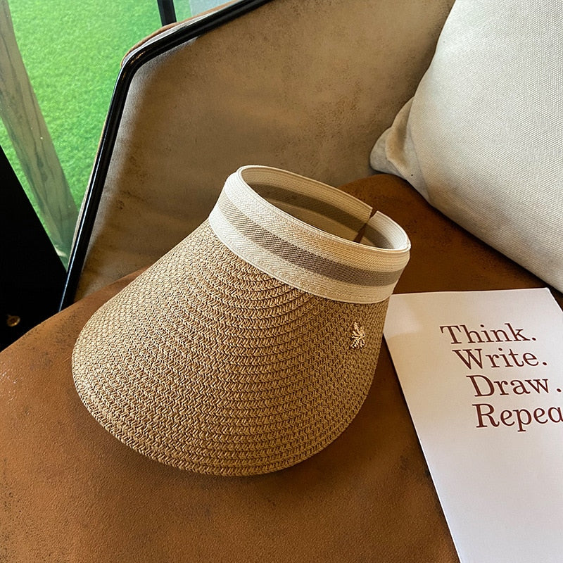 2024 Empty Top Straw Hat Travel Sunshade Sun Hat Cap Trendy Superlite Beach Cap summer Wear Visor Cap For Womens Khaki 57 cm