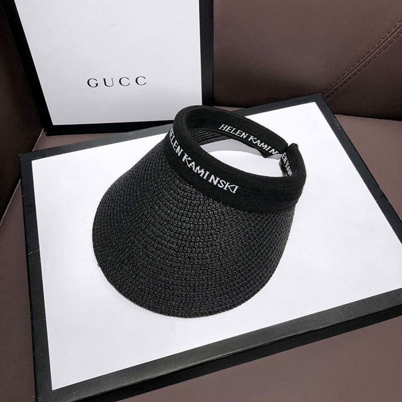 2024 Empty Top Straw Hat Travel Sunshade Sun Hat Cap Trendy Superlite Beach Cap summer Wear Visor Cap For Womens Black-1 57 cm