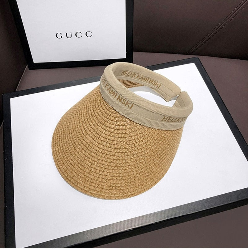 2024 Empty Top Straw Hat Travel Sunshade Sun Hat Cap Trendy Superlite Beach Cap summer Wear Visor Cap For Womens Beige Coffee-1 57 cm