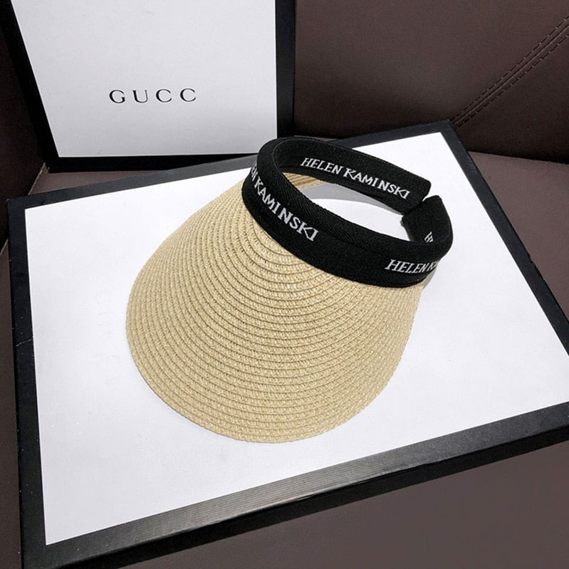2024 Empty Top Straw Hat Travel Sunshade Sun Hat Cap Trendy Superlite Beach Cap summer Wear Visor Cap For Womens Black Beige-1 57 cm