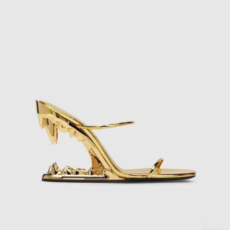 European and American Summer Fashion Metal Teeth Sandals with Profiled Heels, High-heeled Runway Show, Women's Sandals